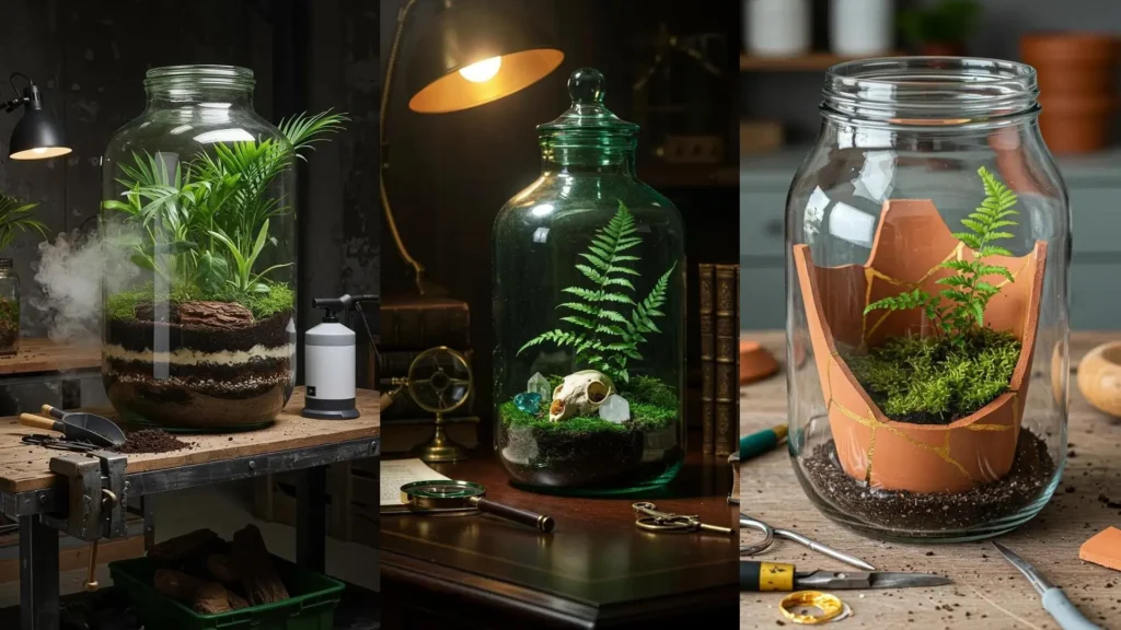 Frascos convertidos en creativos terrarios miniatura con plantas, musgo y diseños únicos. Ideas de proyectos DIY.