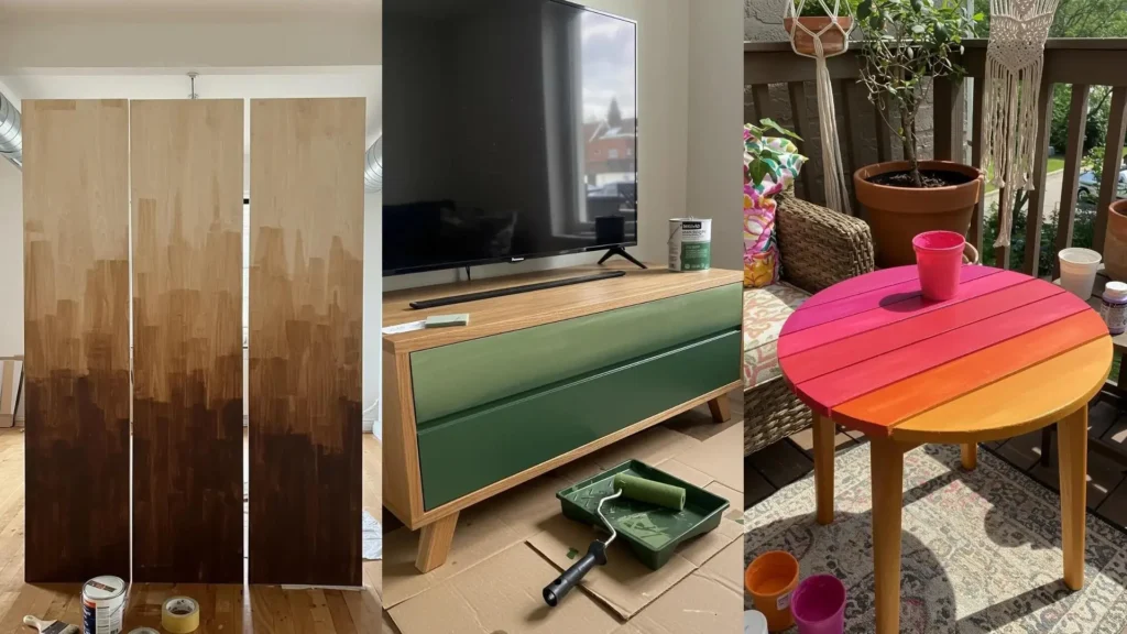 Creativos muebles reciclados con pintura en degradado: biombo, mueble de TV verde y mesa vibrante para exteriores.
