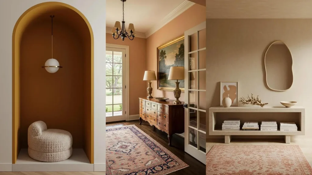 Tres recibidores envolventes con tonos cálidos y texturas suaves, incluyendo un arco decorativo, cómoda y consola.