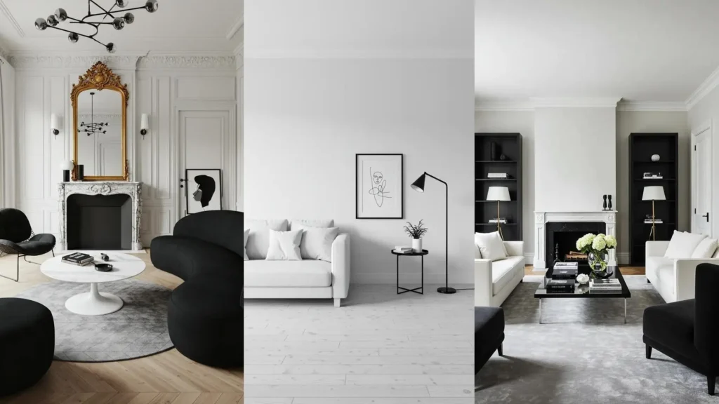 Varias salas de estar contemporáneas en blanco y negro, con muebles elegantes y detalles de diseño moderno.