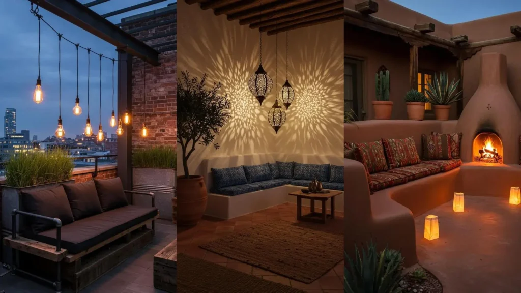 Sofás bajos y luces cálidas creando ambientes chill out en diferentes patios y terrazas para noches relajadas.