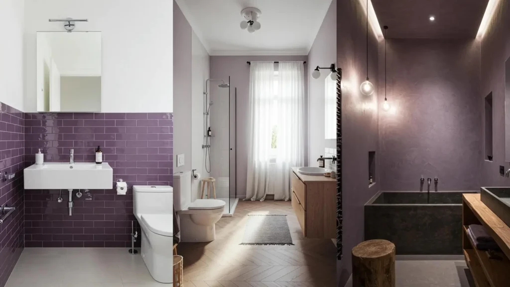 Múltiples baños elegantes con decoración en tonos lavanda, lilas y púrpura para crear una atmósfera calmada.