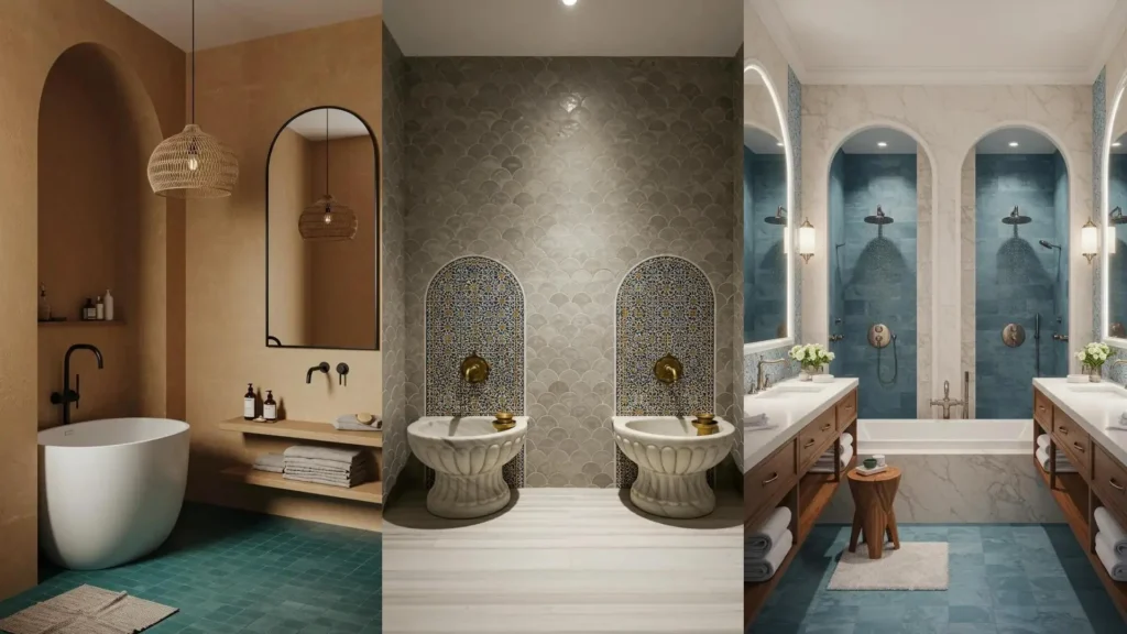 Diseño de baño estilo hammam turco relajante con arcos, mosaicos y bañera. Ideas de decoración.