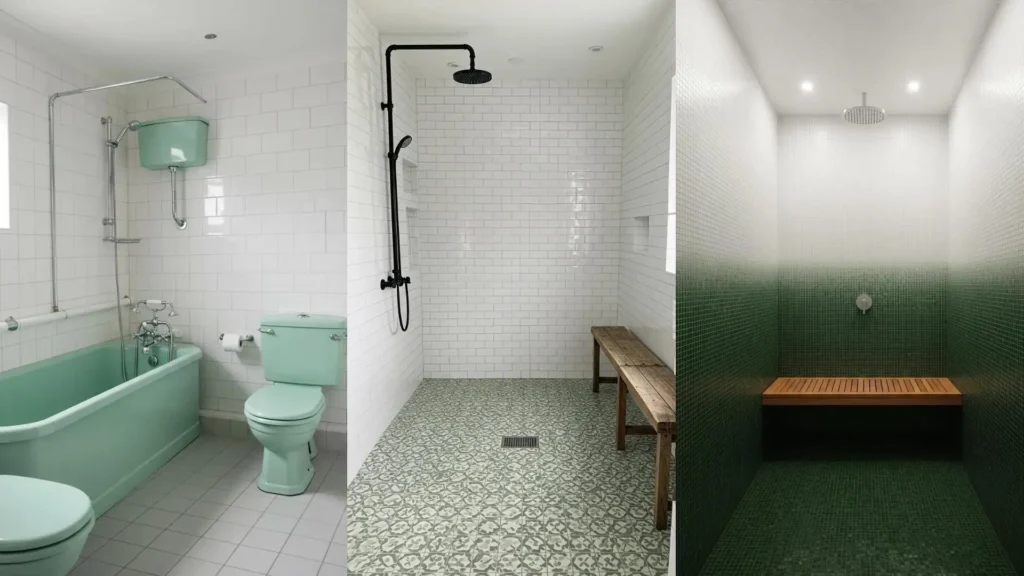 Baños en blanco y verde con toques naturales: bañera verde, ducha con azulejos degradados y bancos de madera.