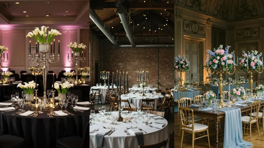 Candelabros vintage con velas largas en mesas bellamente decoradas para una boda clásica elegante.