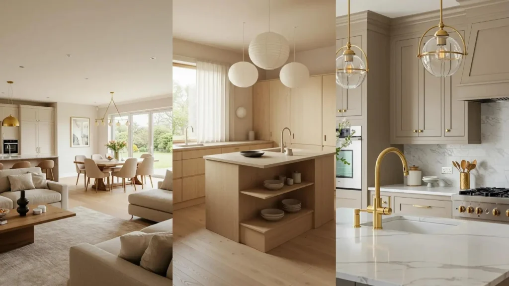 Cocinas beige con decoración cálida y texturas suaves, creando ambientes que invitan a quedarse.