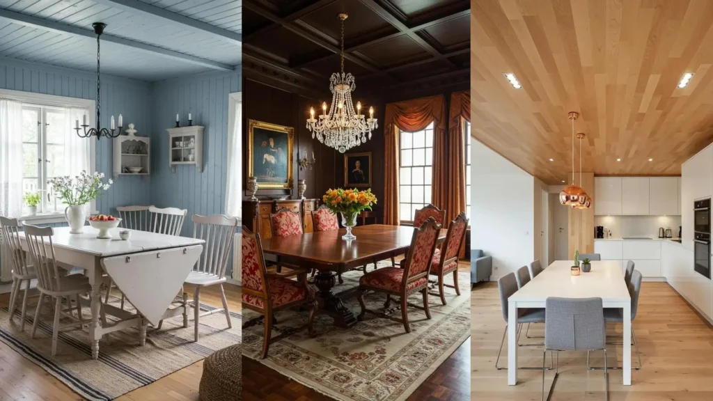 Tres comedores con techos de madera: azul claro, oscuro elegante y moderno, creando ambientes cálidos y acogedores.