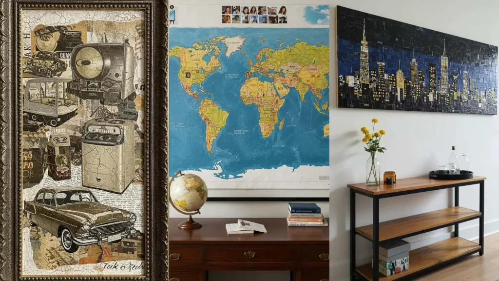 Primer plano de un cuadro DIY con un collage artístico de revista, presentando un coche, una radio y una lavadora.