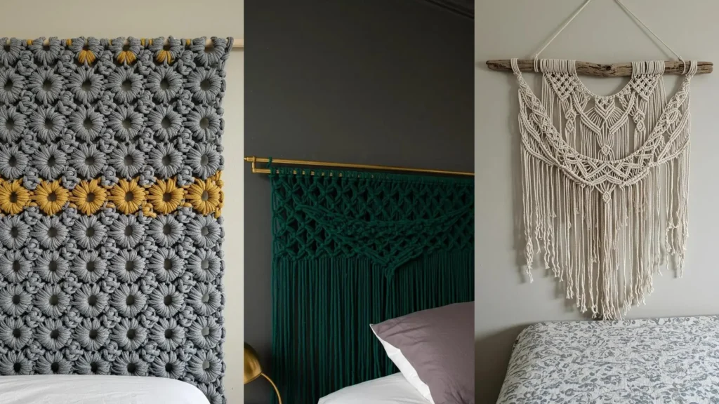Múltiples diseños de cabeceras de cama originales de macramé en tonos gris, verde y crema.