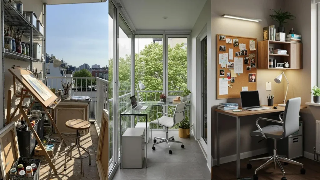 Tres ideas de espacios de trabajo en balcones con pequeños escritorios y laptops para optimizar el hogar.