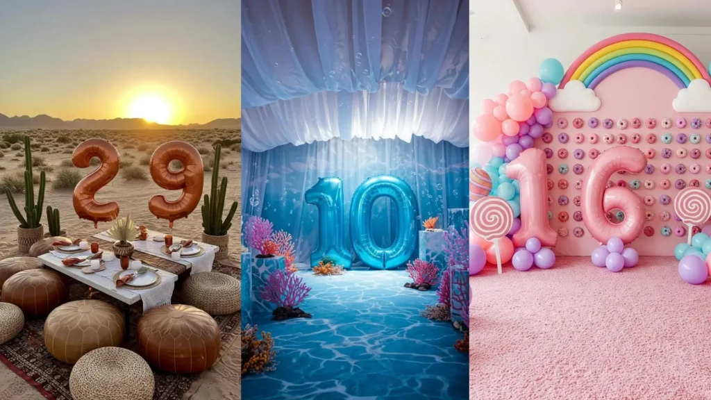 Fondos de fotos con globos gigantes de números 29, 10 y 16, ideales para cumpleaños temáticos.