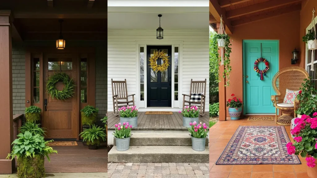 Tres porches de primavera decorados con flores frescas, plantas verdes y coronas hechas a mano en las puertas frontales.