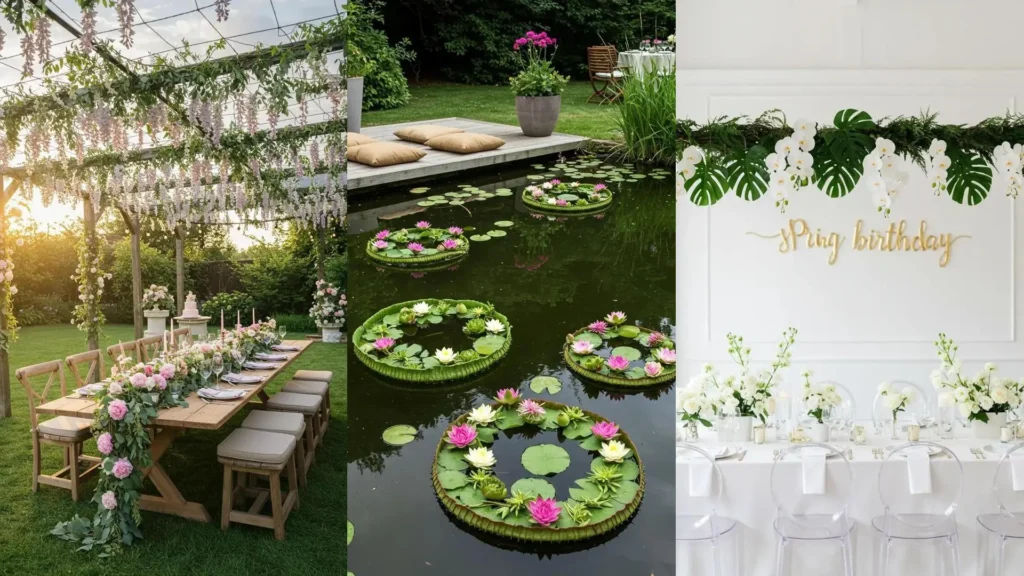 Guirnaldas de flores frescas decoran una mesa de cumpleaños primaveral bajo una pérgola, creando un ambiente festivo y natural.