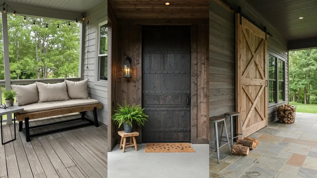 Decoración de porches con banco de madera envejecida, puerta industrial y puerta corredera de madera para un estilo único.
