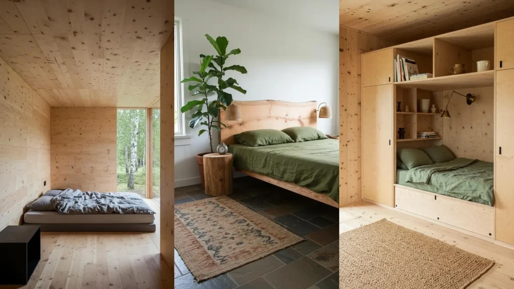 Ideas de dormitorios tipo cabaña nórdica: interiores de madera, ropa de cama verde, y vistas al bosque.