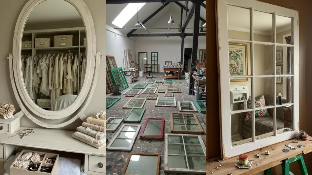 Taller de bricolaje con ventanas antiguas en el suelo y un espejo artesanal hecho con una de ellas. Ideas creativas.