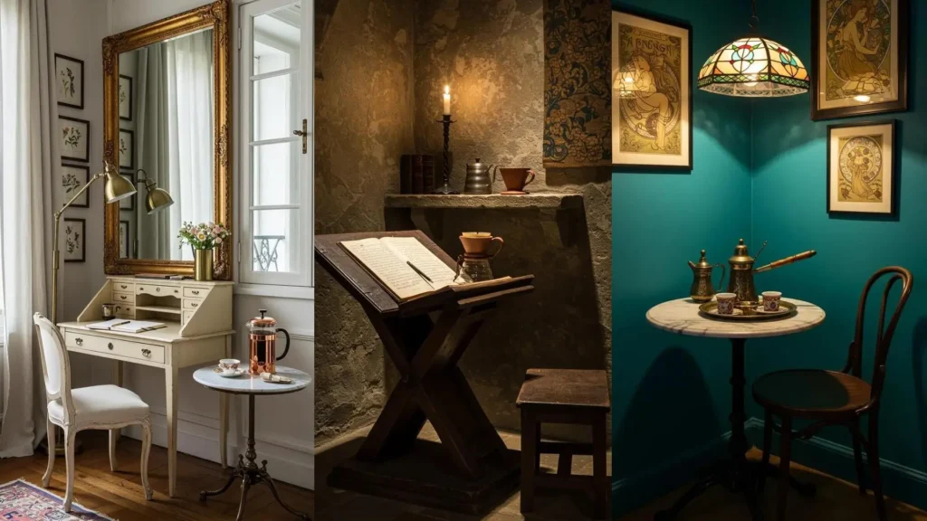 Rincones de café y trabajo estilo europeo antiguo: escritorios, tazas y mesas vintage, lámparas y decoración única.
