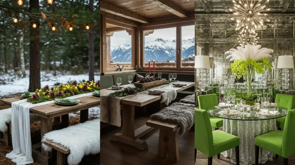 Mesas navideñas decoradas con manteles blancos, detalles verdes, piñas y velas para una celebración festiva.