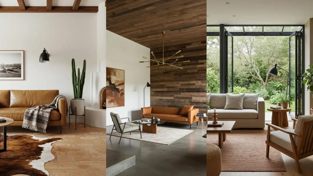 Tres salas de estar que fusionan lo rústico y lo moderno, con sofás cálidos, madera y elementos naturales.