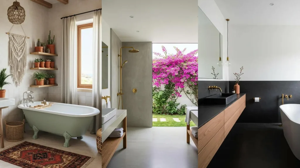 Baños ibicencos con luz natural, materiales orgánicos como madera, plantas y texturas. Ambiente fresco y relajante.