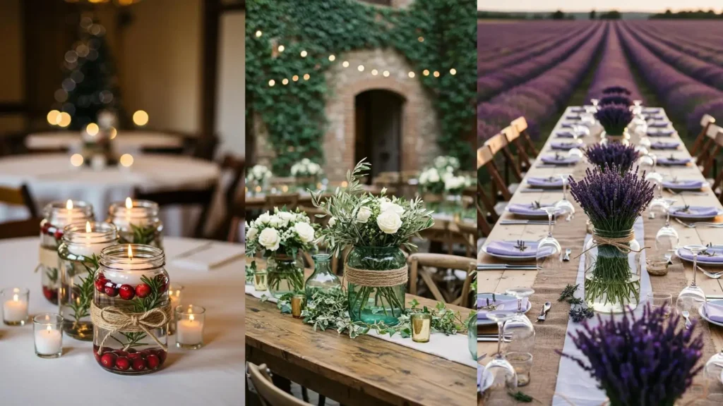Centros de mesa DIY para boda con tarros de cristal, cuerda rústica, flores y velas.