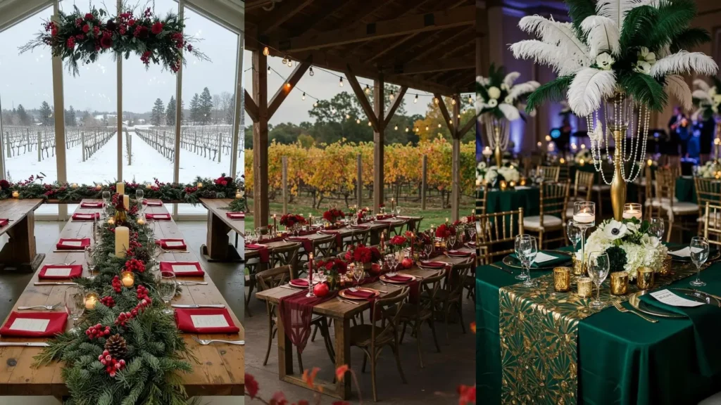 Decoraciones de boda inspiradas en estaciones: mesas festivas de invierno, otoño y primavera/verano con arreglos florales.
