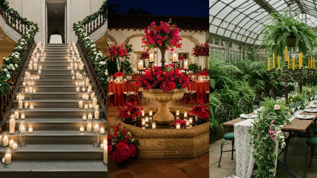 Hermosas decoraciones de bodas con velas encendidas, arreglos florales en escaleras, fuente y mesa, creando un ambiente romántico.