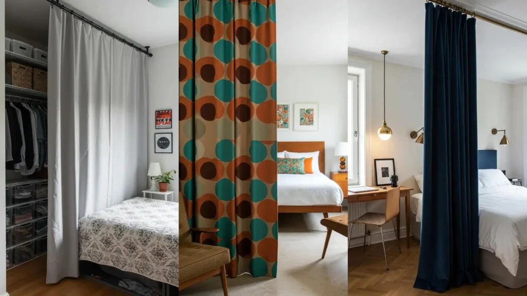 Ideas creativas con cortinas para dividir zonas en dormitorios pequeños, incluyendo separadores de cama, armario y estudio.