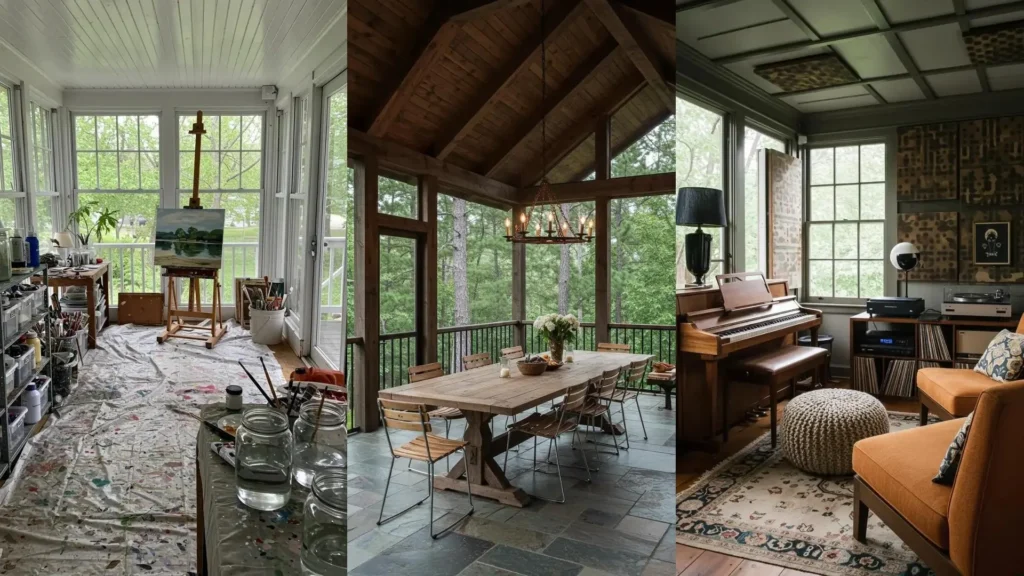 Porches cerrados convertidos en espacios vibrantes: estudio artístico, comedor al aire libre y sala acogedora.