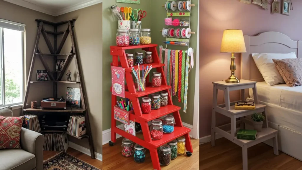 Escaleras antiguas reutilizadas como estanterías creativas: una estantería de esquina para discos, un organizador de manualidades y una mesa de noche.