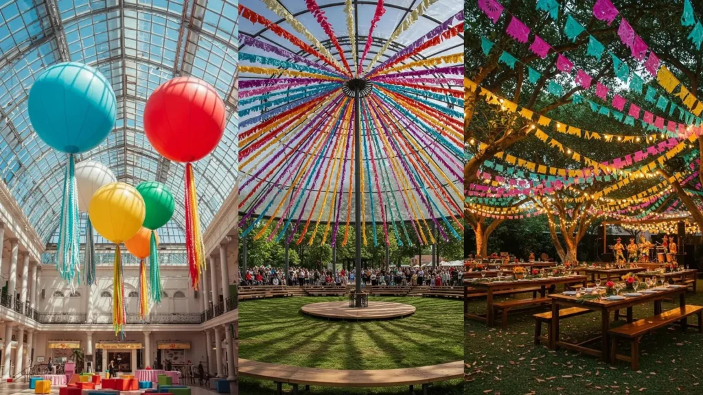 Guirnaldas de papel multicolor y adornos festivos creando un ambiente alegre para fiestas carnavaleras inolvidables.