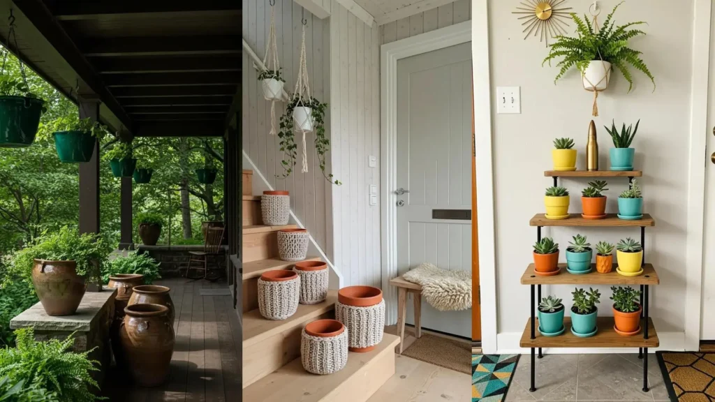 Varias plantas colgantes y macetas decorativas embellecen porches y entradas, con un toque artesanal.