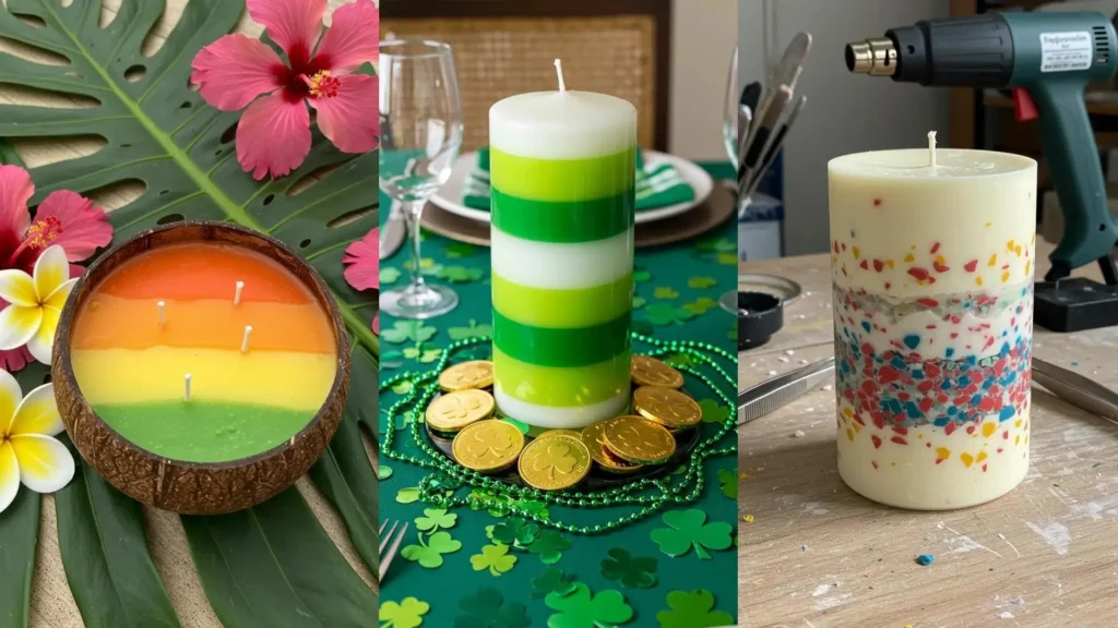 Velas con capas de colores vibrantes y diseños variados, perfectas para decorar mesas festivas con un toque creativo DIY.