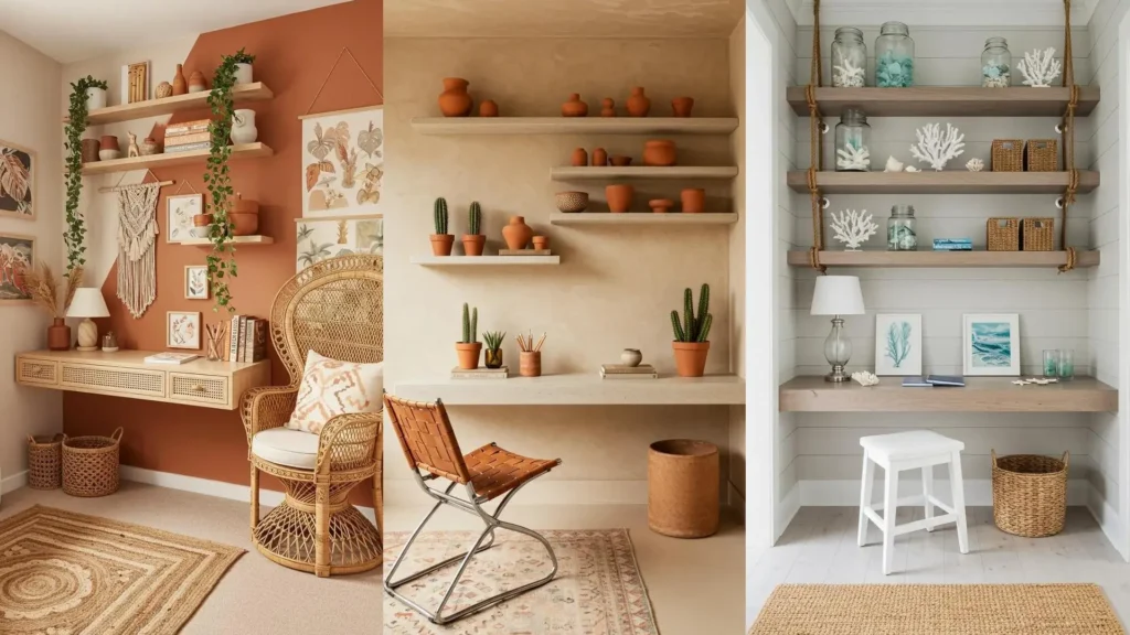 Escritorios flotantes y organización creativa en tres rincones: oficina boho, espacio natural y estilo costero.