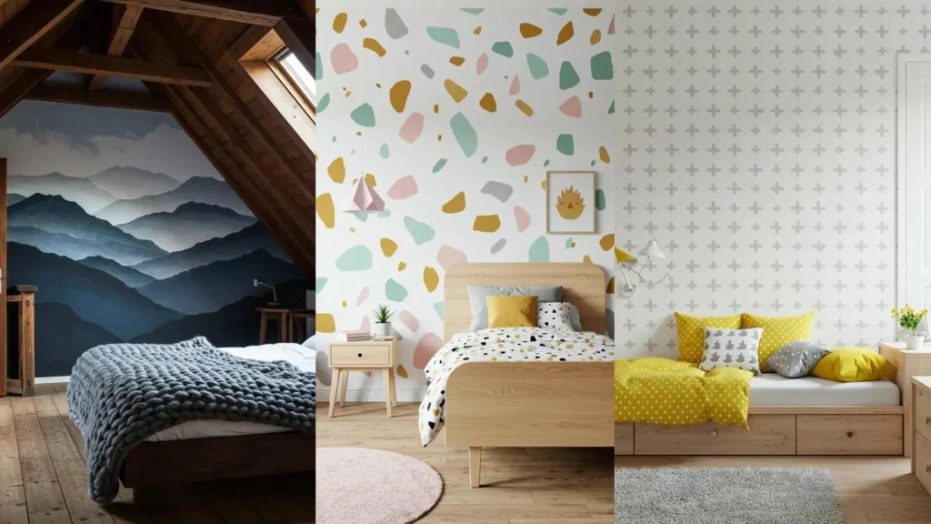 Ideas de dormitorios artísticos con murales y lienzos DIY, mostrando diseños de montañas, abstractos y patrones creativos.