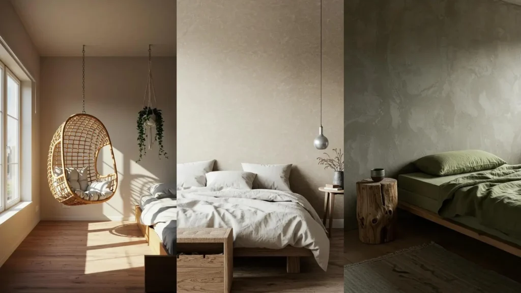 Tres dormitorios minimalistas pero cálidos con camas de lino, muebles de madera natural y detalles acogedores.