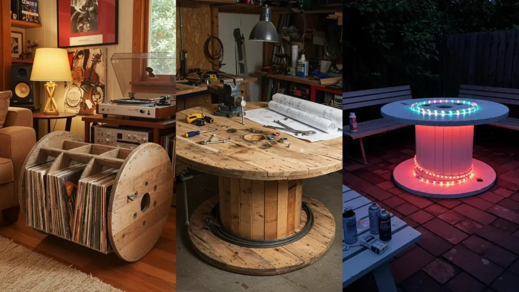 Varias mesas y muebles hechos con carretes de cable reciclados, mostrando proyectos creativos de bricolaje.