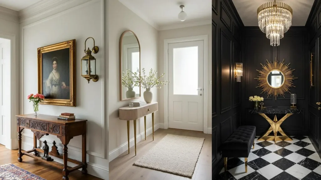 Tres recibidores monocromáticos: uno blanco con toques dorados suaves, otro negro con espejo sol y banco aterciopelado.