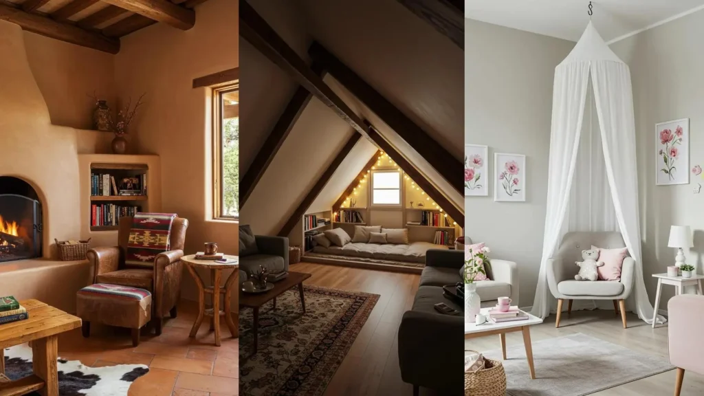 Rincones de lectura acogedores en la sala: sillón junto a chimenea, espacio de ático y asiento bajo dosel para relajarse.