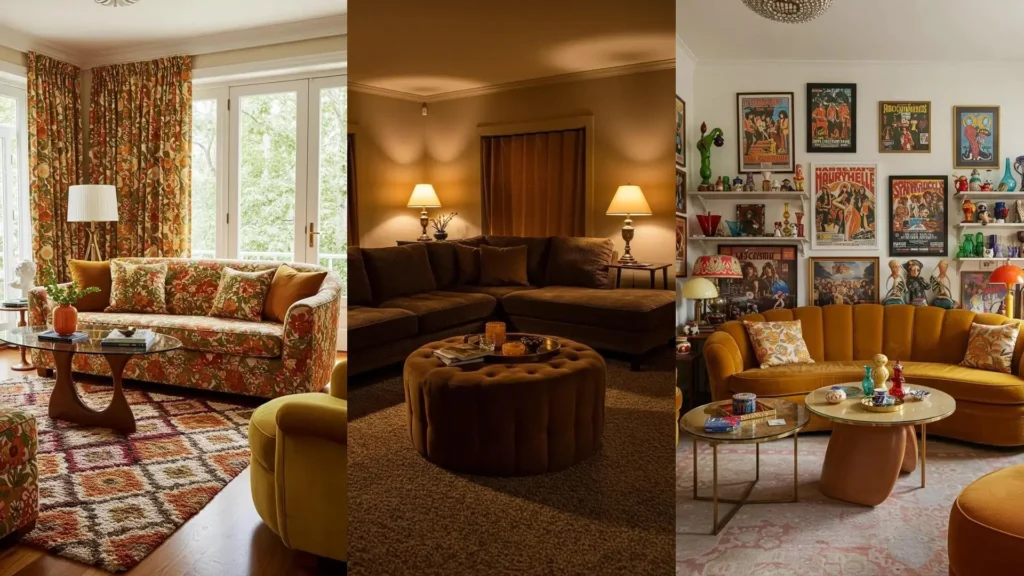 Tres salas inspiradas en los 70. Colores retro, sofás curvos y decoración vintage que marcan la tendencia.