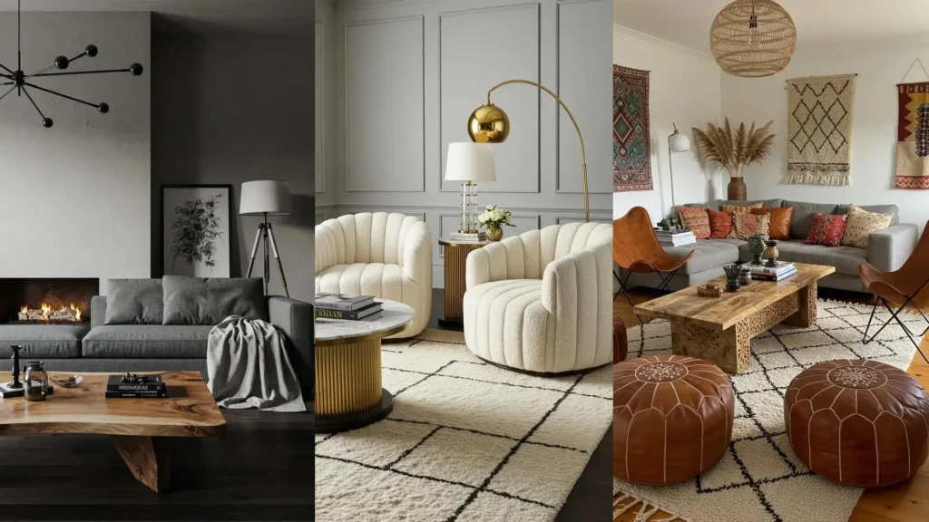 Varias salas de estar modernas que muestran combinaciones de tonos neutros con muebles y accesorios de texturas ricas.