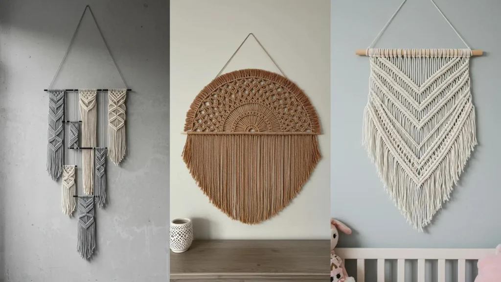 Colección de tapices de macramé modernos hechos a mano, con diseños geométricos llamativos en gris, crema y marrón.
