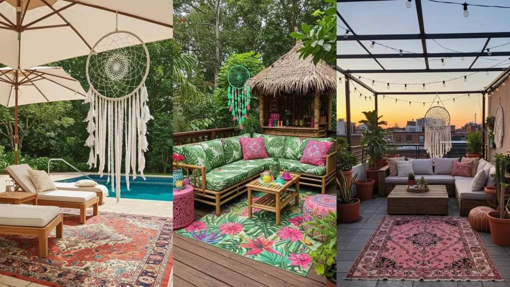 Ambientes exteriores boho chic con atrapasueños, alfombras coloridas y mobiliario inspirador para tu terraza o jardín.