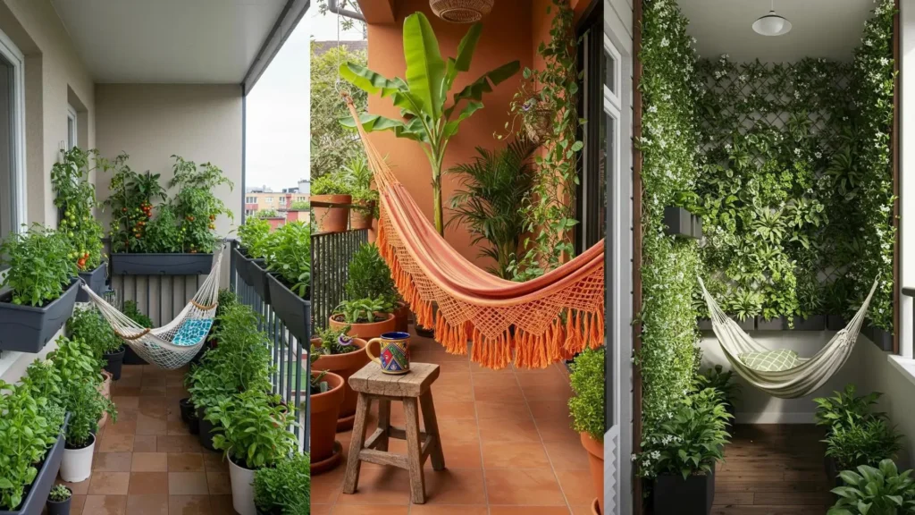 Tres balcones frescos con hamacas colgantes y abundantes plantas verdes, perfectos para relajarse al aire libre.