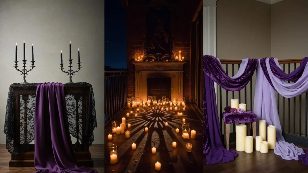 Balcones decorados con mantos morados y velas para un ambiente festivo y acogedor.