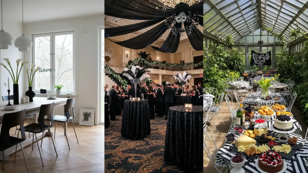 Decoraciones elegantes en blanco y negro para cumpleaños de adultos: mesas de fiesta, pasteles y arreglos sofisticados.