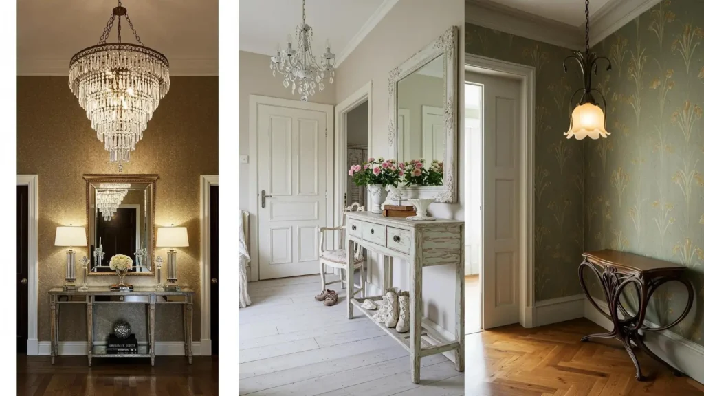 Tres entradas de bienvenida elegantes con diferentes lámparas colgantes antiguas para un toque vintage único.