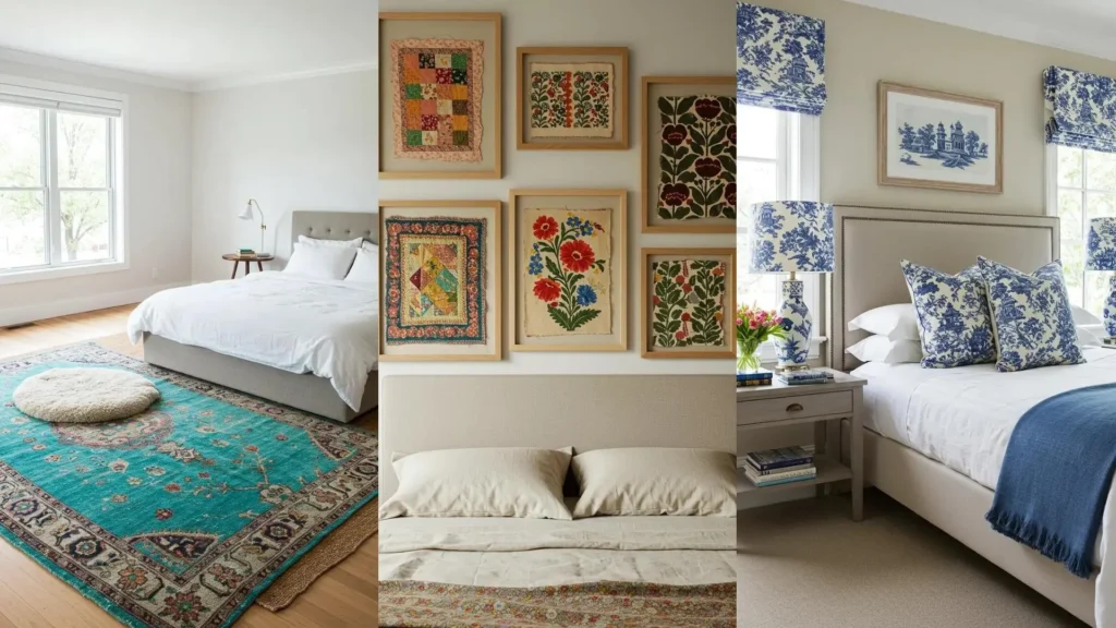 Transforma tu dormitorio con textiles: alfombras, arte de pared y ropa de cama estampada. 34 ideas inspiradoras.