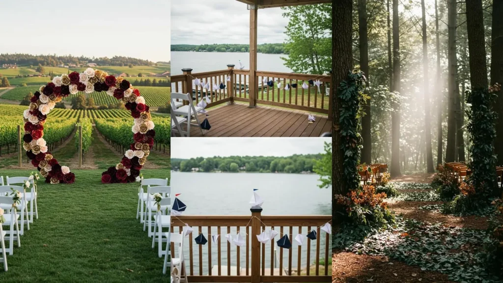 Guirnaldas de papel hechas a mano con barcos blancos y azules decoran una boda junto al lago.