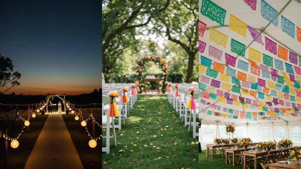 Guirnaldas de papel hechas a mano coloridas decorando una carpa de boda, creando un ambiente festivo.